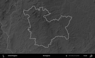 Bromsgrove 'da. Birleşik Krallık 'ın gri ölçekli yükseklik haritasında özetlenmiş idari alanı
