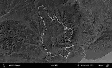 Caerphilly 'de. Birleşik Krallık 'ın gri ölçekli yükseklik haritasında özetlenmiş idari alanı