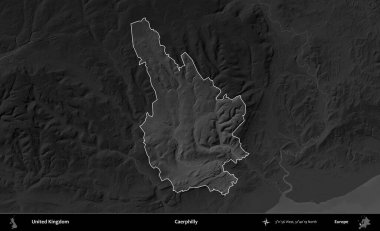 Caerphilly 'de. Birleşik Krallık 'ın idari alanı kararmış bir gri tonlama yükselme haritasına vurgulanmış ve özetlenmiştir