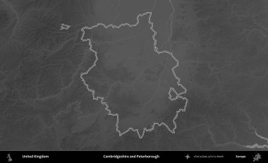 Cambridgeshire ve Peterborough. Birleşik Krallık 'ın gri ölçekli yükseklik haritasında özetlenmiş idari alanı