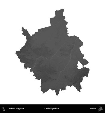 Cambridgeshire. Birleşik Krallık 'ın idari alanı gri ölçekli yükseklik haritasında beyaza izole edildi
