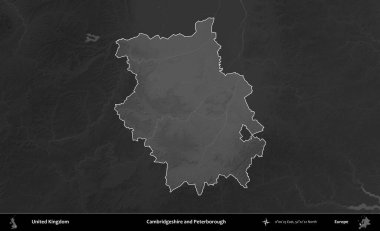 Cambridgeshire ve Peterborough. Birleşik Krallık 'ın idari alanı kararmış bir gri tonlama yükselme haritasına vurgulanmış ve özetlenmiştir