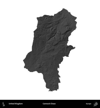 Cannock Chase. Birleşik Krallık 'ın idari alanı gri ölçekli yükseklik haritasında beyaza izole edildi