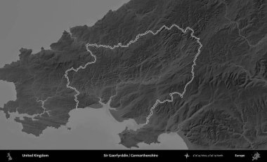 Sör Gaerfyrddin / Carmarthenshire. Birleşik Krallık 'ın gri ölçekli yükseklik haritasında özetlenmiş idari alanı
