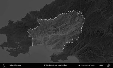 Sör Gaerfyrddin / Carmarthenshire. Birleşik Krallık 'ın idari alanı kararmış bir gri tonlama yükselme haritasına vurgulanmış ve özetlenmiştir