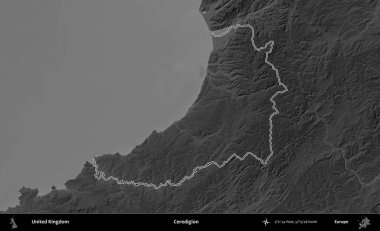 Ceredigion. Birleşik Krallık 'ın gri ölçekli yükseklik haritasında özetlenmiş idari alanı