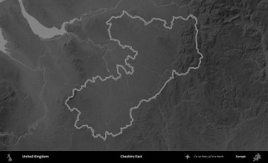 Doğu Cheshire. Birleşik Krallık 'ın gri ölçekli yükseklik haritasında özetlenmiş idari alanı
