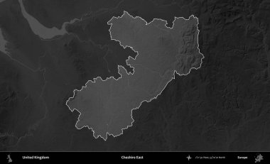 Doğu Cheshire. Birleşik Krallık 'ın idari alanı kararmış bir gri tonlama yükselme haritasına vurgulanmış ve özetlenmiştir