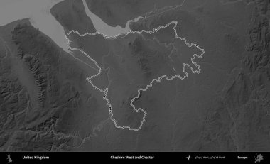 Cheshire West ve Chester. Birleşik Krallık 'ın gri ölçekli yükseklik haritasında özetlenmiş idari alanı