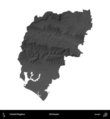 Chichester. Birleşik Krallık 'ın idari alanı gri ölçekli yükseklik haritasında beyaza izole edildi