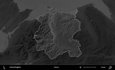 Conwy. Birleşik Krallık 'ın idari alanı kararmış bir gri tonlama yükselme haritasına vurgulanmış ve özetlenmiştir