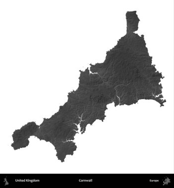 Cornwall 'da. Birleşik Krallık 'ın idari alanı gri ölçekli yükseklik haritasında beyaza izole edildi