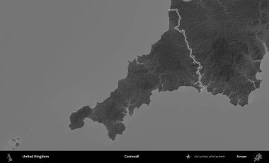 Cornwall 'da. Birleşik Krallık 'ın gri ölçekli yükseklik haritasında özetlenmiş idari alanı