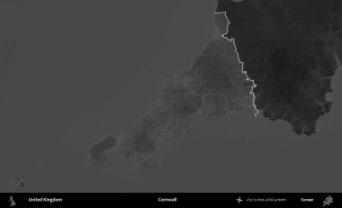Cornwall 'da. Birleşik Krallık 'ın idari alanı kararmış bir gri tonlama yükselme haritasına vurgulanmış ve özetlenmiştir