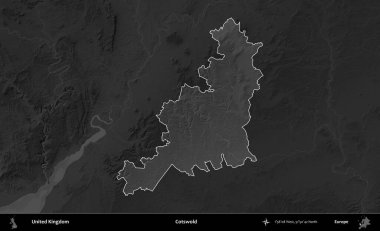 Cotswold. Birleşik Krallık 'ın idari alanı kararmış bir gri tonlama yükselme haritasına vurgulanmış ve özetlenmiştir
