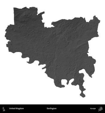 Darlington. Birleşik Krallık 'ın idari alanı gri ölçekli yükseklik haritasında beyaza izole edildi