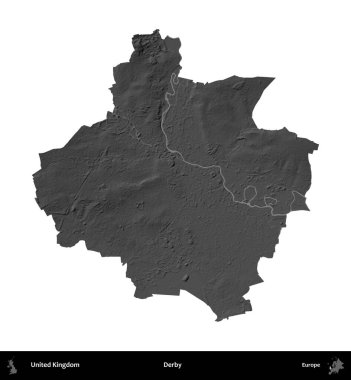 Derbi. Birleşik Krallık 'ın idari alanı gri ölçekli yükseklik haritasında beyaza izole edildi