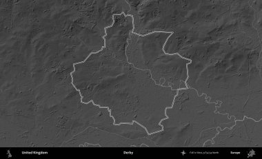 Derbi. Birleşik Krallık 'ın gri ölçekli yükseklik haritasında özetlenmiş idari alanı