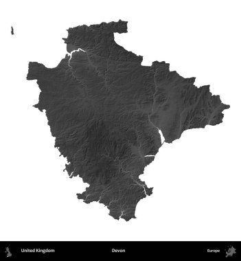 Devon. Birleşik Krallık 'ın idari alanı gri ölçekli yükseklik haritasında beyaza izole edildi