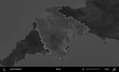 Devon. Birleşik Krallık 'ın idari alanı kararmış bir gri tonlama yükselme haritasına vurgulanmış ve özetlenmiştir