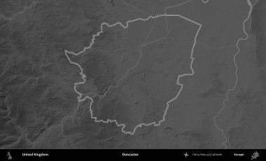 Doncaster 'da. Birleşik Krallık 'ın gri ölçekli yükseklik haritasında özetlenmiş idari alanı