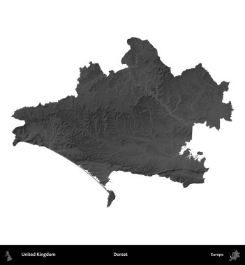 Dorset. Birleşik Krallık 'ın idari alanı gri ölçekli yükseklik haritasında beyaza izole edildi