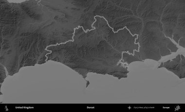 Dorset. Birleşik Krallık 'ın gri ölçekli yükseklik haritasında özetlenmiş idari alanı