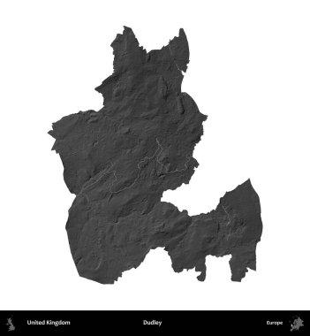Dudley. Birleşik Krallık 'ın idari alanı gri ölçekli yükseklik haritasında beyaza izole edildi