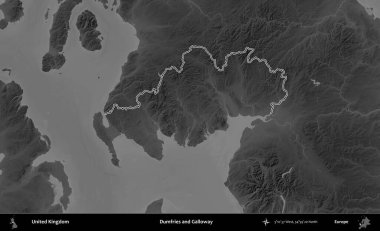 Dumfries ve Galloway. Birleşik Krallık 'ın gri ölçekli yükseklik haritasında özetlenmiş idari alanı