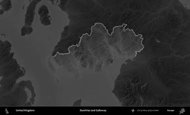 Dumfries ve Galloway. Birleşik Krallık 'ın idari alanı kararmış bir gri tonlama yükselme haritasına vurgulanmış ve özetlenmiştir