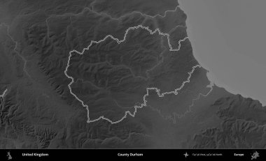 Durham ilçesi. Birleşik Krallık 'ın gri ölçekli yükseklik haritasında özetlenmiş idari alanı
