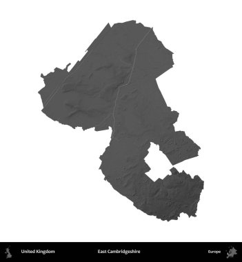 Doğu Cambridgeshire. Birleşik Krallık 'ın idari alanı gri ölçekli yükseklik haritasında beyaza izole edildi
