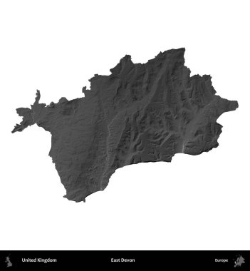 Doğu Devon. Birleşik Krallık 'ın idari alanı gri ölçekli yükseklik haritasında beyaza izole edildi