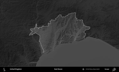 Doğu Devon. Birleşik Krallık 'ın idari alanı kararmış bir gri tonlama yükselme haritasına vurgulanmış ve özetlenmiştir