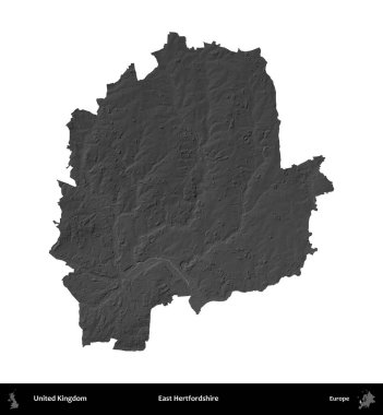 Doğu Hertfordshire. Birleşik Krallık 'ın idari alanı gri ölçekli yükseklik haritasında beyaza izole edildi