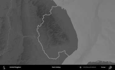 Doğu Lindsey. Birleşik Krallık 'ın gri ölçekli yükseklik haritasında özetlenmiş idari alanı