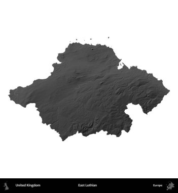 Doğu Lothian. Birleşik Krallık 'ın idari alanı gri ölçekli yükseklik haritasında beyaza izole edildi
