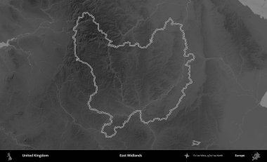 Doğu Midlands. Birleşik Krallık 'ın gri ölçekli yükseklik haritasında özetlenmiş idari alanı