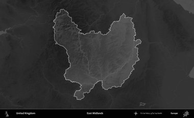 Doğu Midlands. Birleşik Krallık 'ın idari alanı kararmış bir gri tonlama yükselme haritasına vurgulanmış ve özetlenmiştir