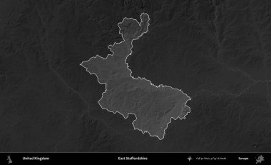 Doğu Staffordshire. Birleşik Krallık 'ın idari alanı kararmış bir gri tonlama yükselme haritasına vurgulanmış ve özetlenmiştir