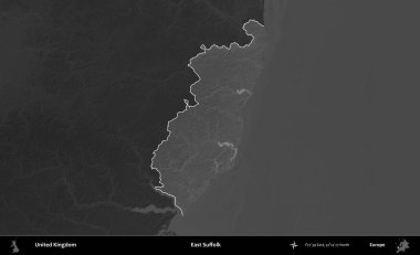 Doğu Suffolk. Birleşik Krallık 'ın idari alanı kararmış bir gri tonlama yükselme haritasına vurgulanmış ve özetlenmiştir
