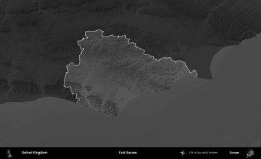 Doğu Sussex. Birleşik Krallık 'ın idari alanı kararmış bir gri tonlama yükselme haritasına vurgulanmış ve özetlenmiştir