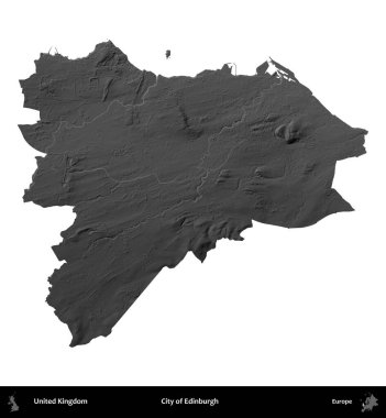 Edinburgh şehri. Birleşik Krallık 'ın idari alanı gri ölçekli yükseklik haritasında beyaza izole edildi