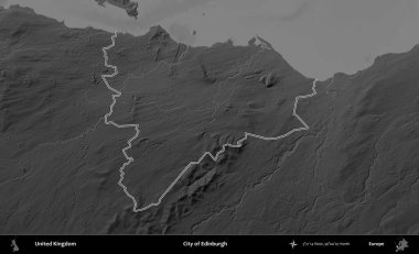 Edinburgh şehri. Birleşik Krallık 'ın gri ölçekli yükseklik haritasında özetlenmiş idari alanı