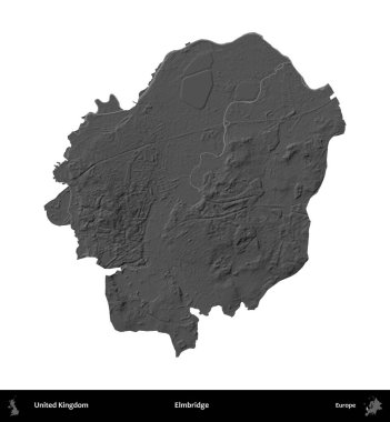 Elmbridge 'de. Birleşik Krallık 'ın idari alanı gri ölçekli yükseklik haritasında beyaza izole edildi