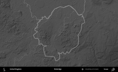 Elmbridge 'de. Birleşik Krallık 'ın gri ölçekli yükseklik haritasında özetlenmiş idari alanı