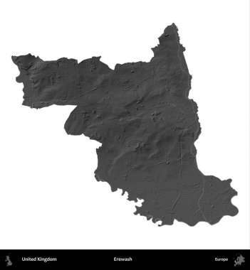 Yıkama. Birleşik Krallık 'ın idari alanı gri ölçekli yükseklik haritasında beyaza izole edildi