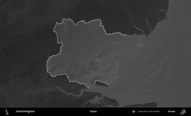 Essex. Birleşik Krallık 'ın idari alanı kararmış bir gri tonlama yükselme haritasına vurgulanmış ve özetlenmiştir