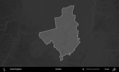 Fenland. Birleşik Krallık 'ın idari alanı kararmış bir gri tonlama yükselme haritasına vurgulanmış ve özetlenmiştir