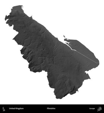 Flintshire 'da. Birleşik Krallık 'ın idari alanı gri ölçekli yükseklik haritasında beyaza izole edildi